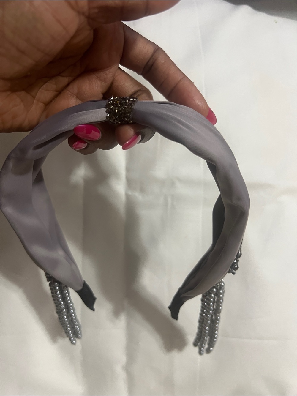 Embellished Gray Satin Headband with Pearl Tassels